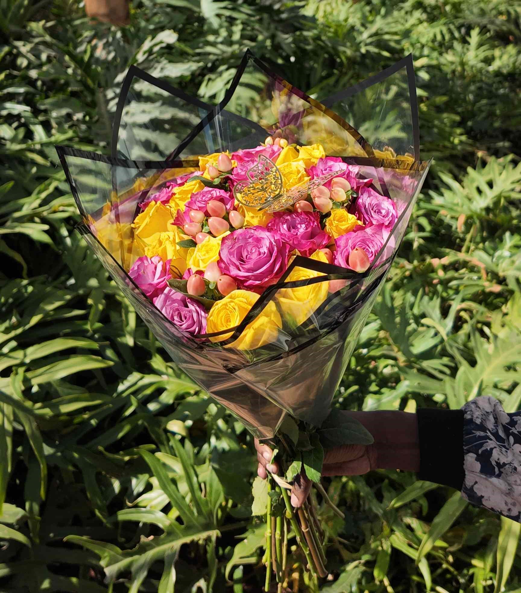Pink, Yellow & Orange Rose Bouquet
